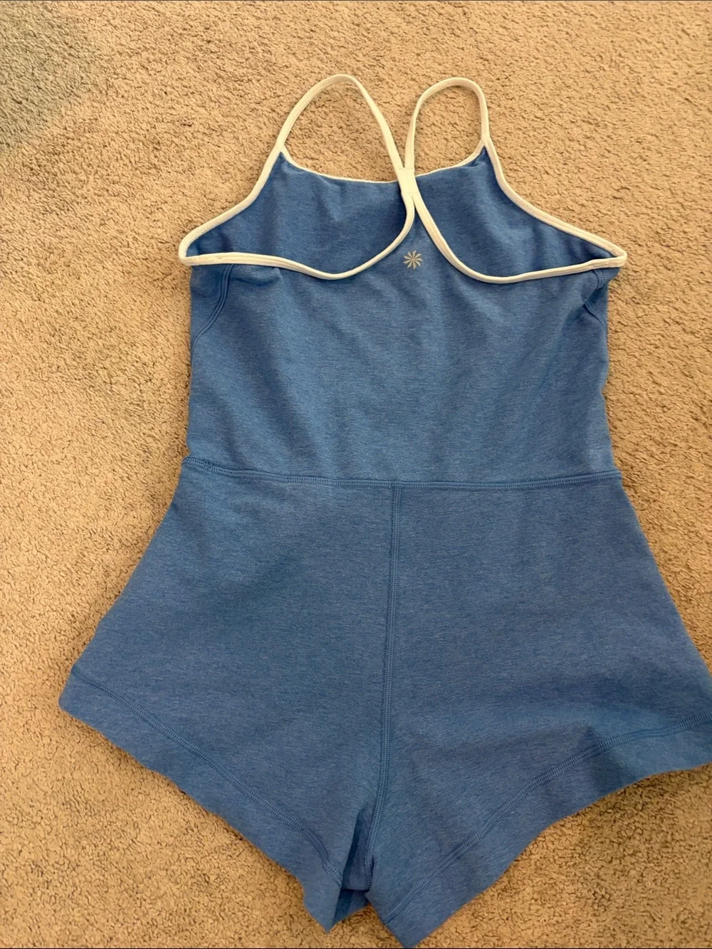 Athleta Blue Tank Romper with Cream Trim